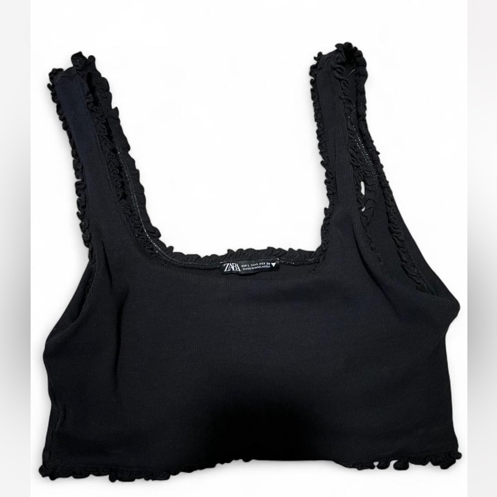 Zara Black Ruffle Trim Cropped Tank Size L